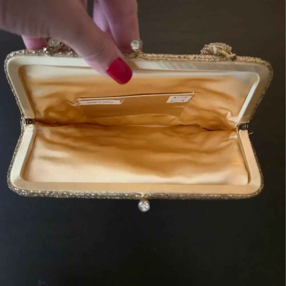 Vintage Black Tie Formal Kiss Lock Beaded Mini Clutch Purse Yellow Gold Handle